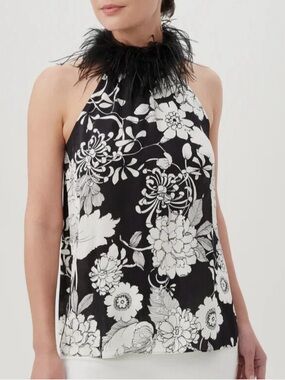 NWT-Trina Turk Grand with Ostrich Feather-Trim Floral Halter Top-Size Medium